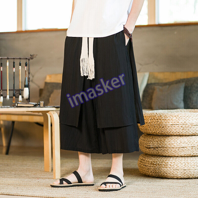 Pantalones Cortos Hombres Lino Informales Pantalones Rectos Sueltos Pantalón Pierna Ancha Falda Pantalones