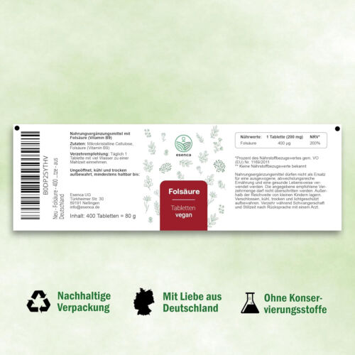Folsäure - 400 Tabletten - 400 µg - Kinderwunsch & Schwangerschaft - Vegan - Bild 7 von 7