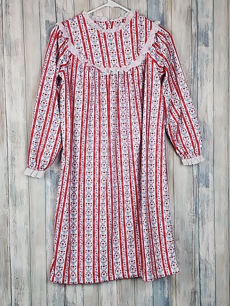 Lanz Of Salzburg Girls M 7/8 Red Striped Floral Flannel Nightgown