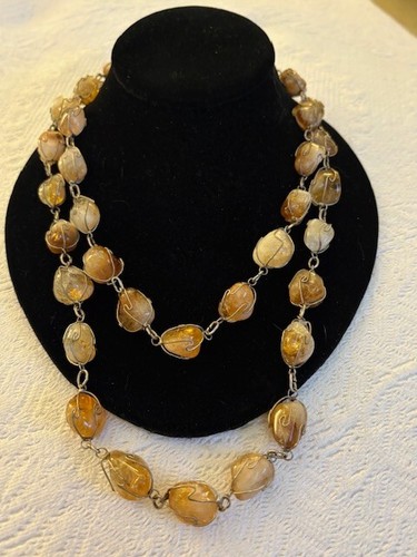 VINTAGE RAW OR ROUGH CITRINE POLISHED QUARTZ STONE & SILVER LONG NECKLACE - Picture 10 of 12