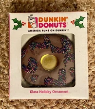 DUNKIN DONUTS GLASS ORNAMENT KURT ADLER 2007 CHOCOLATE W/ SPRINKLES NEW IN BOX