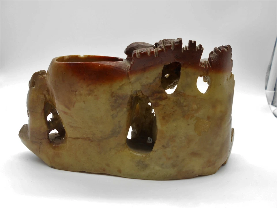 ENCRIER / POT A PINCEAU FLEURS & OISEAUX SCULPTÉ EN PIERRE DE LARD CHINE XIX ème - Photo 3/4