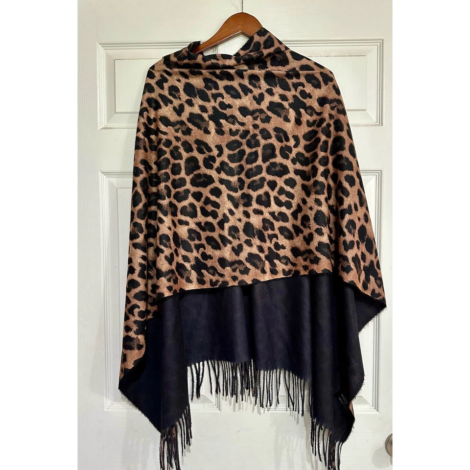 Magic Scarf Leopard and black Shawl with fringe and 2 buttons soft flannel - Image 3 of 4