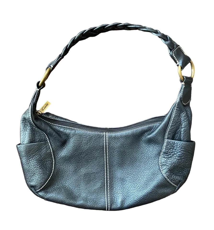 Vtg Y2k Clarks Leather Hobo Purse Pebbled Handbag Black Sling Woven Braided Bag - Image 2 of 4