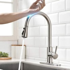 Touch on Kitchen Sink Faucet Pull Down Sprayer Brushed Nickel Mixer Tap W/ Cover