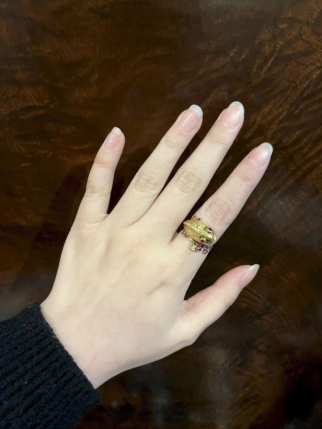 14K Gold Ruby Diamond Fish Ring - image 2