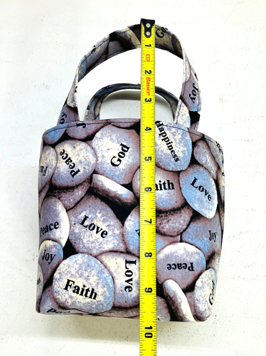 Handgefertigte Stoff gefütterte Mini Beuteltasche/Geschenktasche grau Peace Kieselsteine Druck neu - Bild 4 von 6