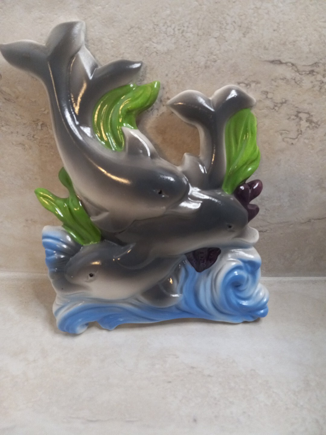 Ceramic glass 2 Dolphin Figurine blue waves tropical animal decor