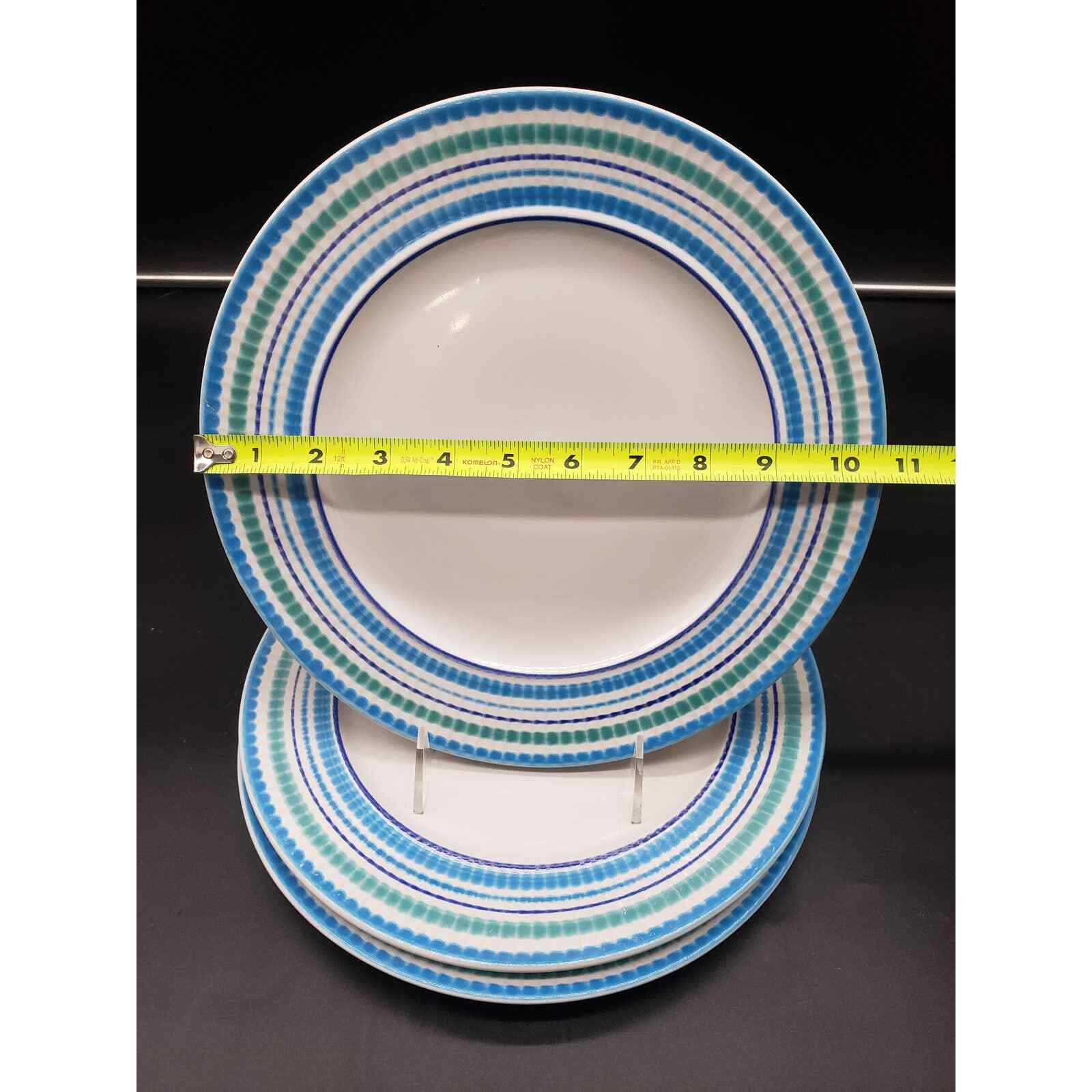 Set of 3 Crate & Barrel BLUE & AQUA Circumferential Bands Dinner Plate, Thailand