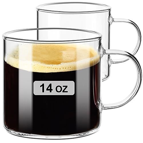 Clear Coffee mug 14oz, Glass Coffee Mugs Set of 2, Large Glass Coffee Cups wi...