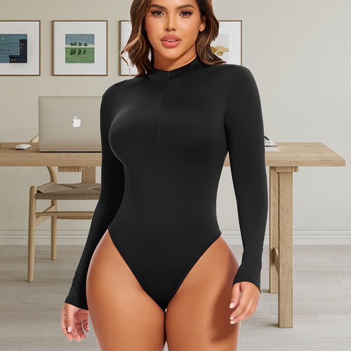 Women Sexy Long Sleeve Shirt Bodysuit Zipper Mock Neck Fleece Lined Thermal Tops - Picture 5 of 18