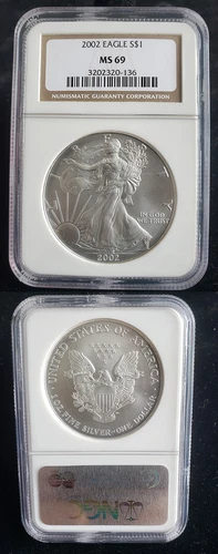 2002 American Silver Eagle 1 Oz Graded NGC MS69 Brown Label 24351
