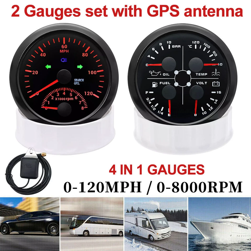 Juego de 2 medidores 4 en 1 medidor multifunción 85 mm GPS velocímetro 120 MPH con velocímetro y 85 mm Foto 2 de 4