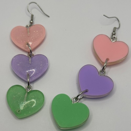 Long Large triple sherbet heart earrings , Glitter, Resin Fun 9.5 cm Long - Picture 71 of 73
