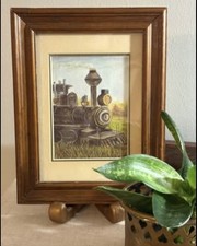 Vintage framed painting of an antique steam locomotive train-8.5x6 3/4”, Framed