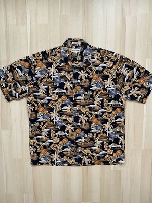 Vintage Pierre Cardin Hawaiian Shirt XL 90s Black Floral Short Sleeve Button Up