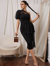 Modelyn One Shoulder Contrast Dobby Mesh Asymmetrical Drape Dress
