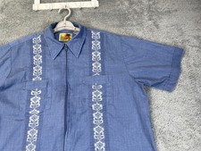 Vintage Haband Guayabera Shirt Mens XL Blue Embroidered Zip Up Cuban Wedding 80s