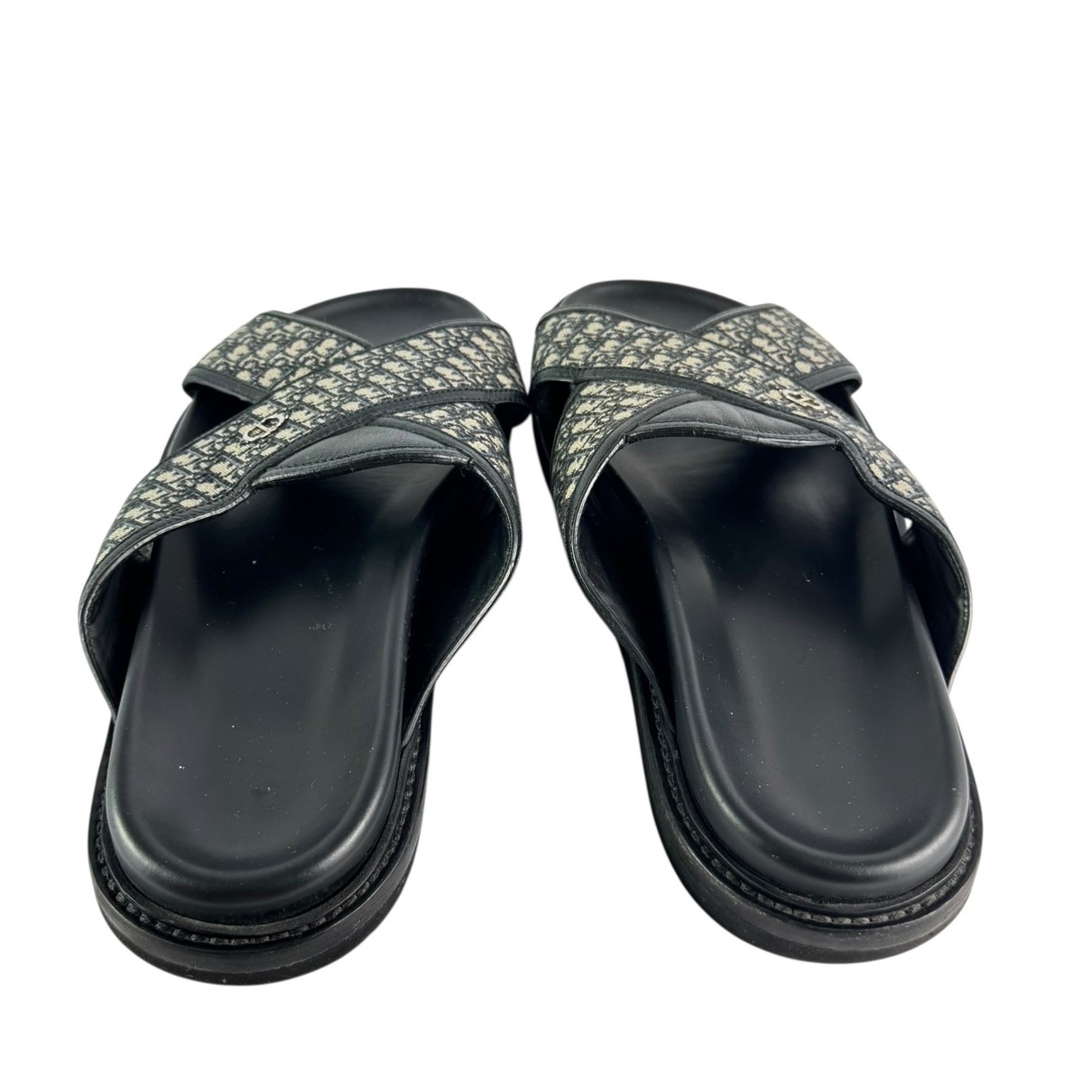 DIOR Aqua Oblique Jacquard Blue Canvas Black Leather Mens Slides