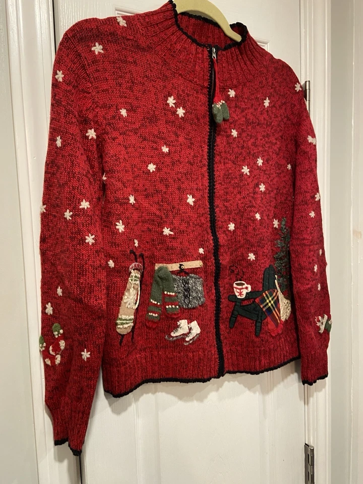 De Colección Coldwater Creek Talla XS Invierno Cremallera Suéter Rojo Apliques Mitones Patines Trineo Foto 4 de 4