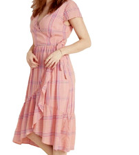 Old Navy Faux Wrap Dress XL Midi Ruffle Prairie Cottage Core Peach Pink Plaid
