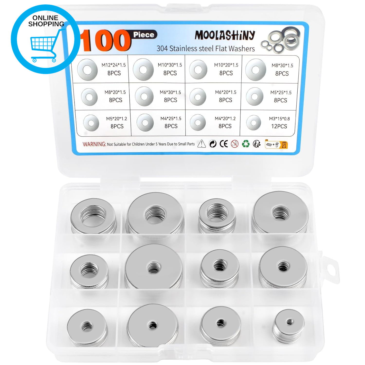 100PCS Washers for Screws, Stainless Steel 12 Sizes M3/M4/M5/M6/M8/10/M12 Metal