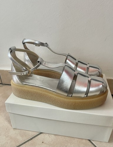 🌟Sandali MAX MARA 🔥In Pelle Fibbia Leather Sandals EU41_US10 Silver Gumc - Foto 13 di 15