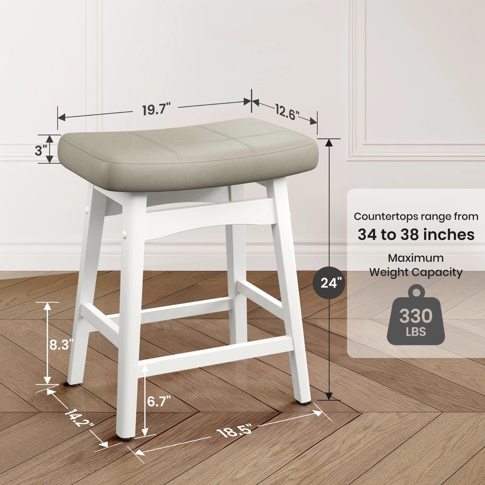 24" Bar Stools Set of 4/3/2/1 Counter Height Saddle Stools White Solid Wood Legs - Image 2 of 4