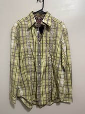 Robert Graham Embroidered Green Plaid Shirt Mens Size L Floral Flip Cuff
