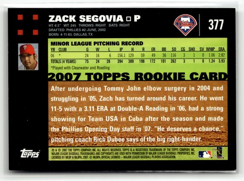 2007 Topps #377 Zack Segovia Rookie - Picture 2 of 2