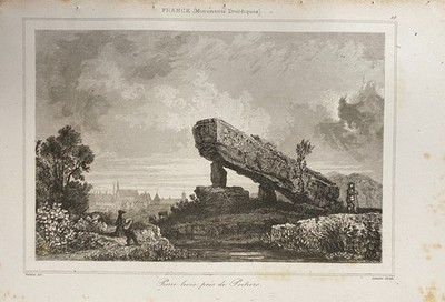 GRAVUR FRANKREICH '' DRUIDENDENDENKMAL PIERRE LEVEE IN DER NÄHE VON POITIERS ''