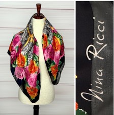 Vintage Nina Ricci Silk Scarf Black with Roses Floral and Lace Print 34x34"