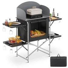 MADOG Camping Kitchen Table, Aluminum Folding Camp Cook Station with Windscre...
