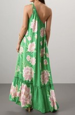 Farm Rio Dress Green Floral Vibing Maxi One Shoulder Silky Viscose fabric XS
