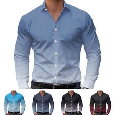 Mens Long Sleeve Shirt Casual Gradient Color Buttoned Collar Light Fabric