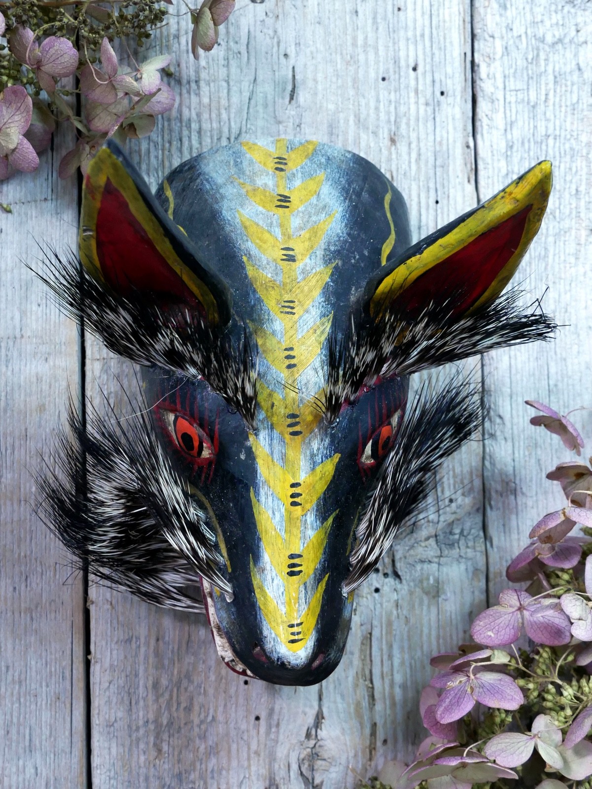 Coyote Mask Desert Wood & Boar Hair Whiskers Handmade Guerrero Mexican Folk Art