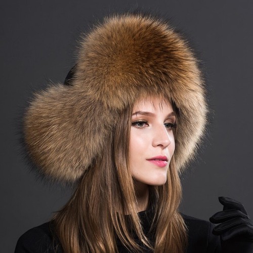 2023 Women Raccoon Fur Ushanka Trapper Hats Winter Thick Warm Fox Fur Pompon Cap - Picture 11 of 21
