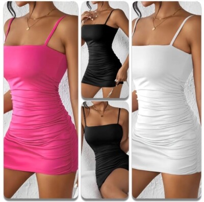 Figurbetontes Gerafftes Schmales Spaghettiträger Cami Mini Kleid Minikleid Gr. S