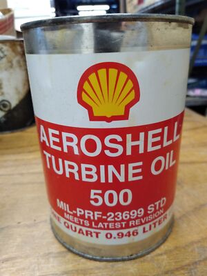 Vtg 1 Qt. Aeroshell Jet Turbine Oil 500 MIL PRF 23699 STD Empty Metal Can USA