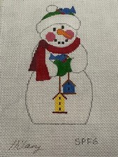 Hand Painted Needlepoint Canvas 18 CT SNOWMAN XMAS ORNAMENT HOLDING 2 BIRD CAGE