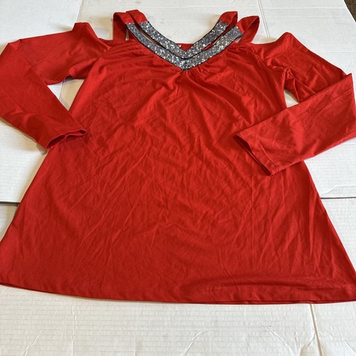 Women Sequin Red Cold Shoulder Off Shoulder Top Shirt Quarter Sleeve V Neck Sz M - Picture 5 of 11