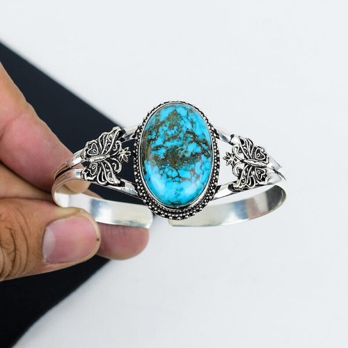 925 Sterling Silver Blue Turquoise Gemstone Handmade Jewelry Cuff Bracelet ADJ - Picture 2 of 5