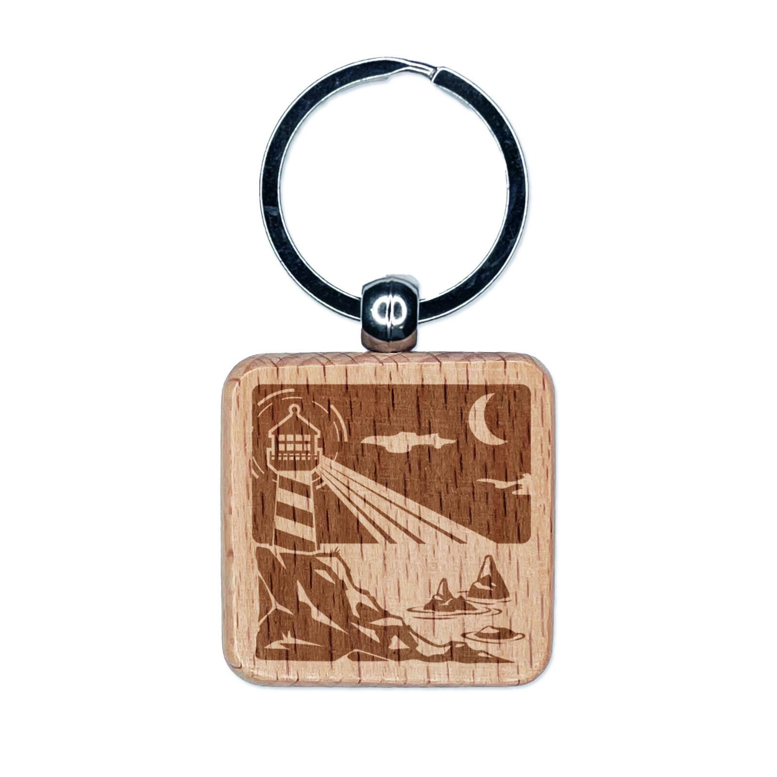 Lighthouse On the Ocean Under Night Sky Engraved Wood Square Keychain Tag Charm