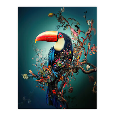 Tukan Vogel blühender Baum Zweig surreal Fantasy Wandbild Poster Druck