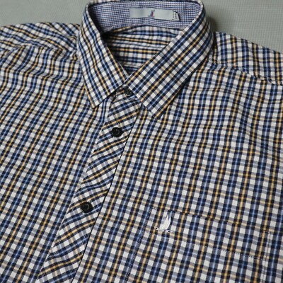 Mens Button up Shirt Size XL Plaid Blue Yellow Sailing Leisure Village Chinese