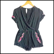 Kendall & Kylie Romper Floral Embroidered Crochet Trim Black Small