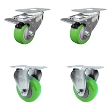 3 Inch SS Green Polyurethane Top Plate Caster Set 2 Lock Brake 2 Rigid SCC