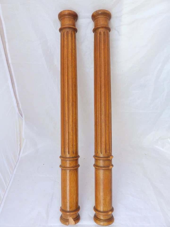 19TH French Antique Pair Turned Carved Walnut Wood Pillar Column 26.4" Accidents - Image 2 of 4