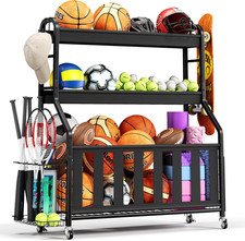Sports Equipment Organizer, Rolling Ball Storage Cart with Locking Wheels, Hooks