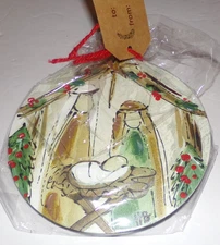 Kirklands Nativity Manger Baby Jesus Christmas Ornament Haley Bush 5" Round Wood